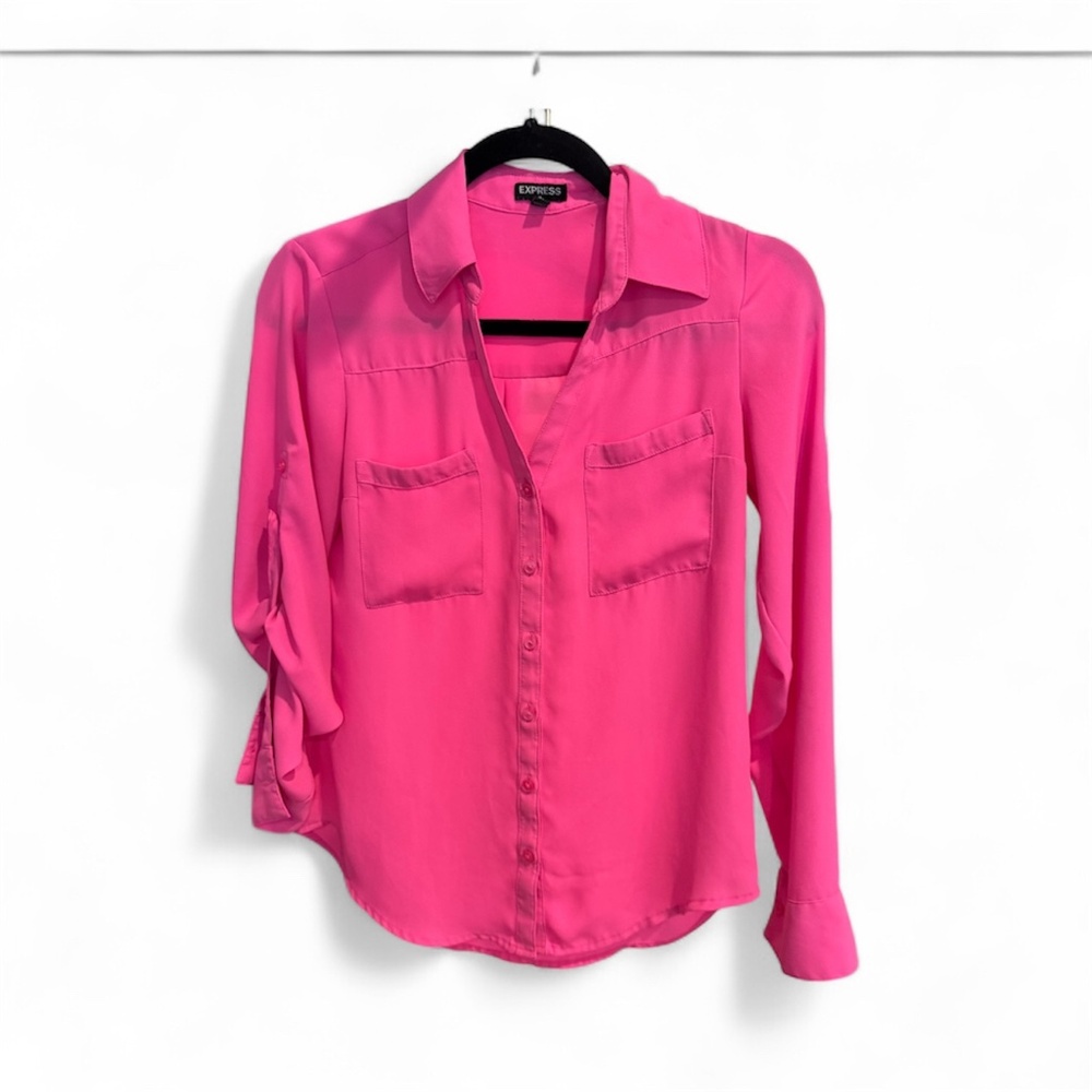 Women's XS Express Bright Pink Long Sleeve Button-Up Blouse